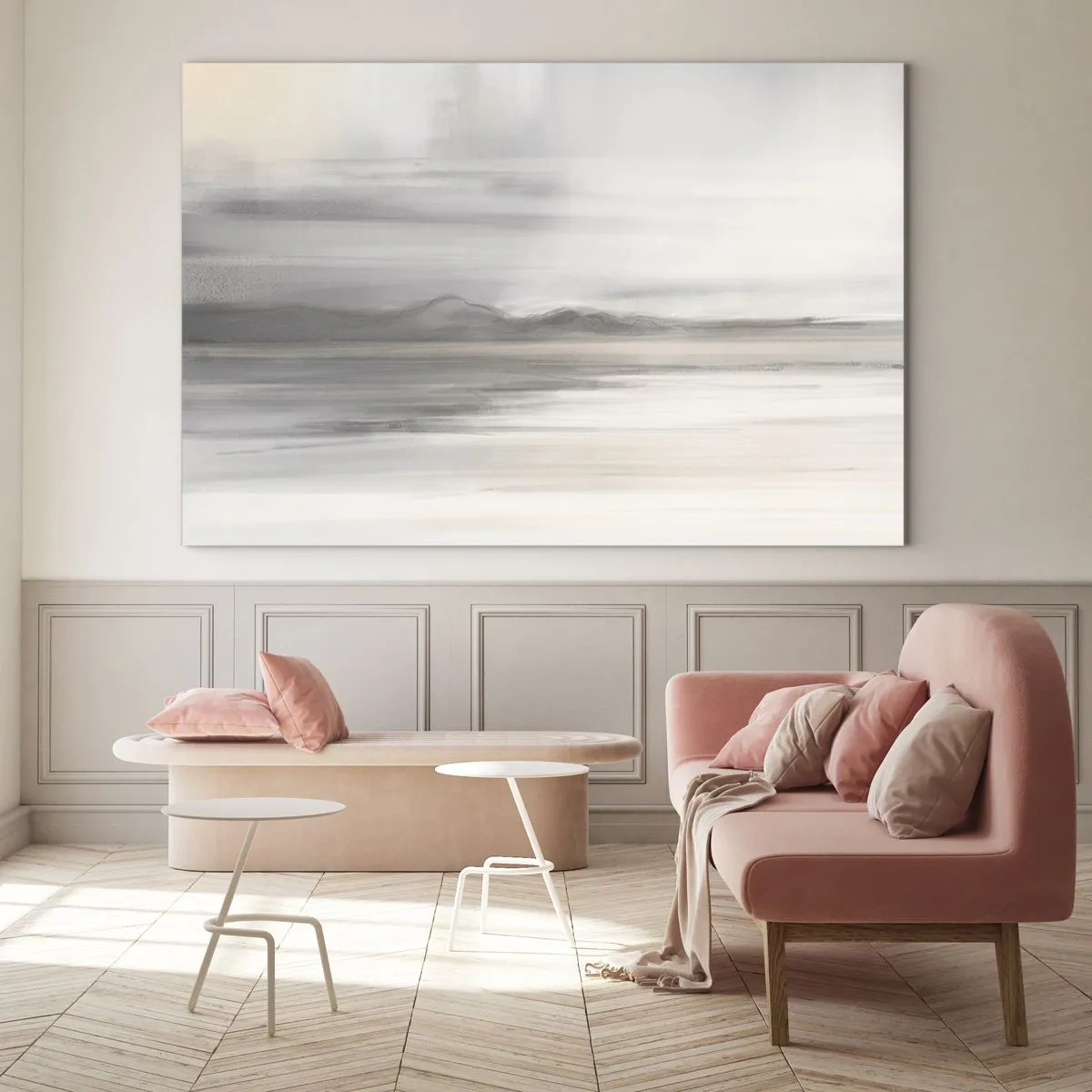 Billede på glas - Et delikat, sløret bjergpanorama i pastelgrå toner - 70x50cm - En tankevækkende afstand - Moderne vægdekoration til stue og soveværelse ARTTOR