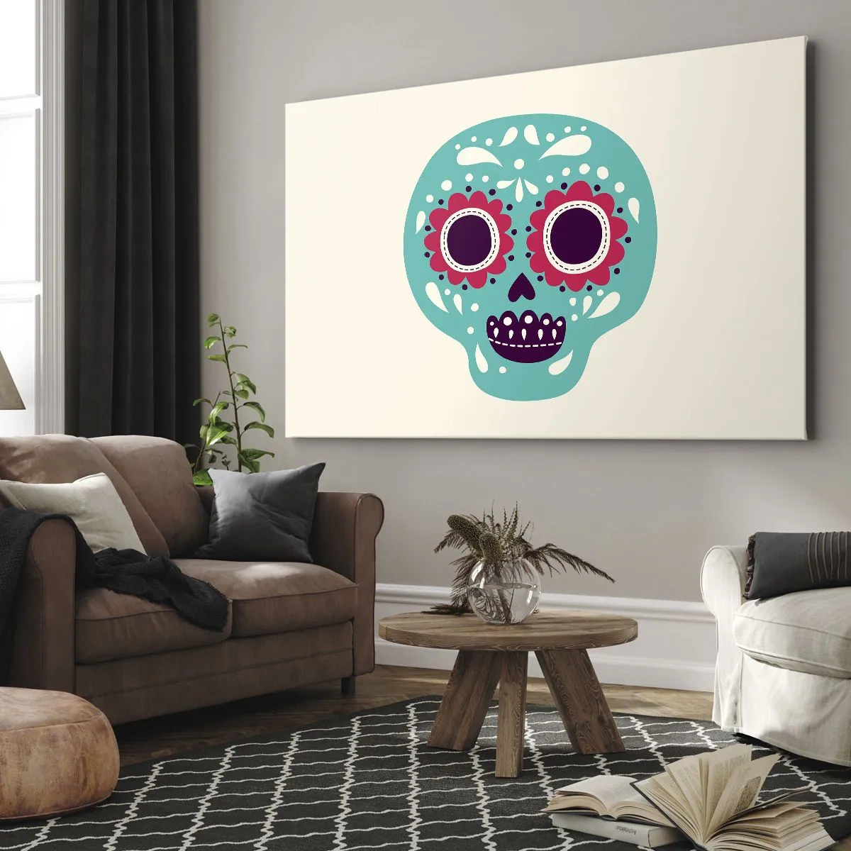 Lærredstryk - Billede på lærred - Et turkis og lilla sukkerkranie inspireret af mexicansk kultur - 70x50cm - Livet - sjovt indtil døden - Moderne vægdekoration til stue og soveværelse ARTTOR