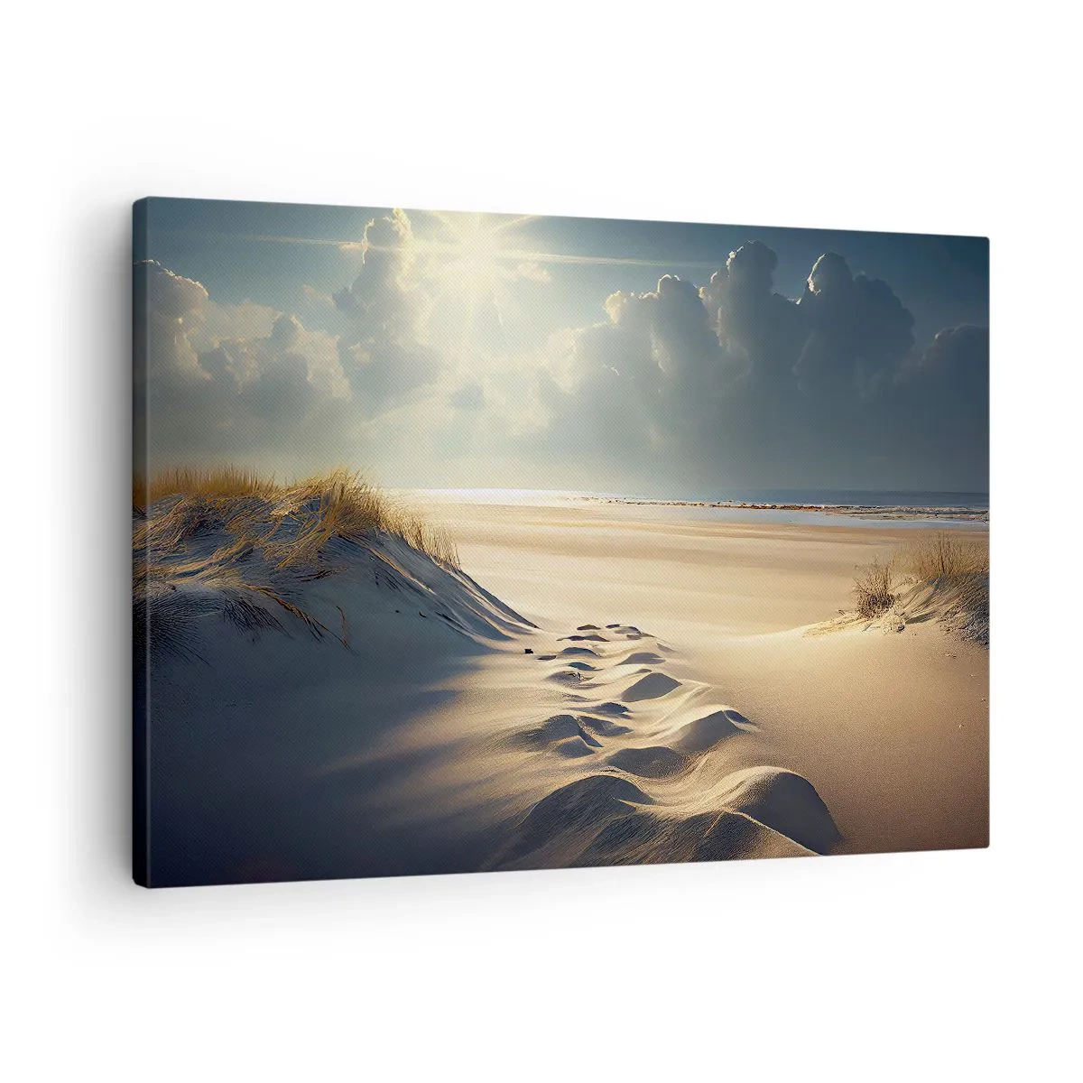 Lærredstryk - Billede på lærred - Gyldne klitter på stranden ved solnedgang med udsigt over havet - 70x50cm - Beroligende landskab - Moderne vægdekoration til stue og soveværelse ARTTOR
