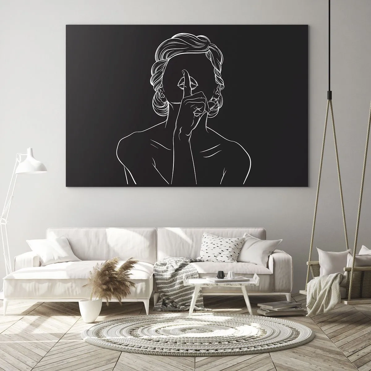 Billede på glas - En minimalistisk silhuet af en kvinde, der laver en tavs gestus. - 70x50cm - Skønhed blomstrer i stilhed - Moderne vægdekoration til stue og soveværelse ARTTOR