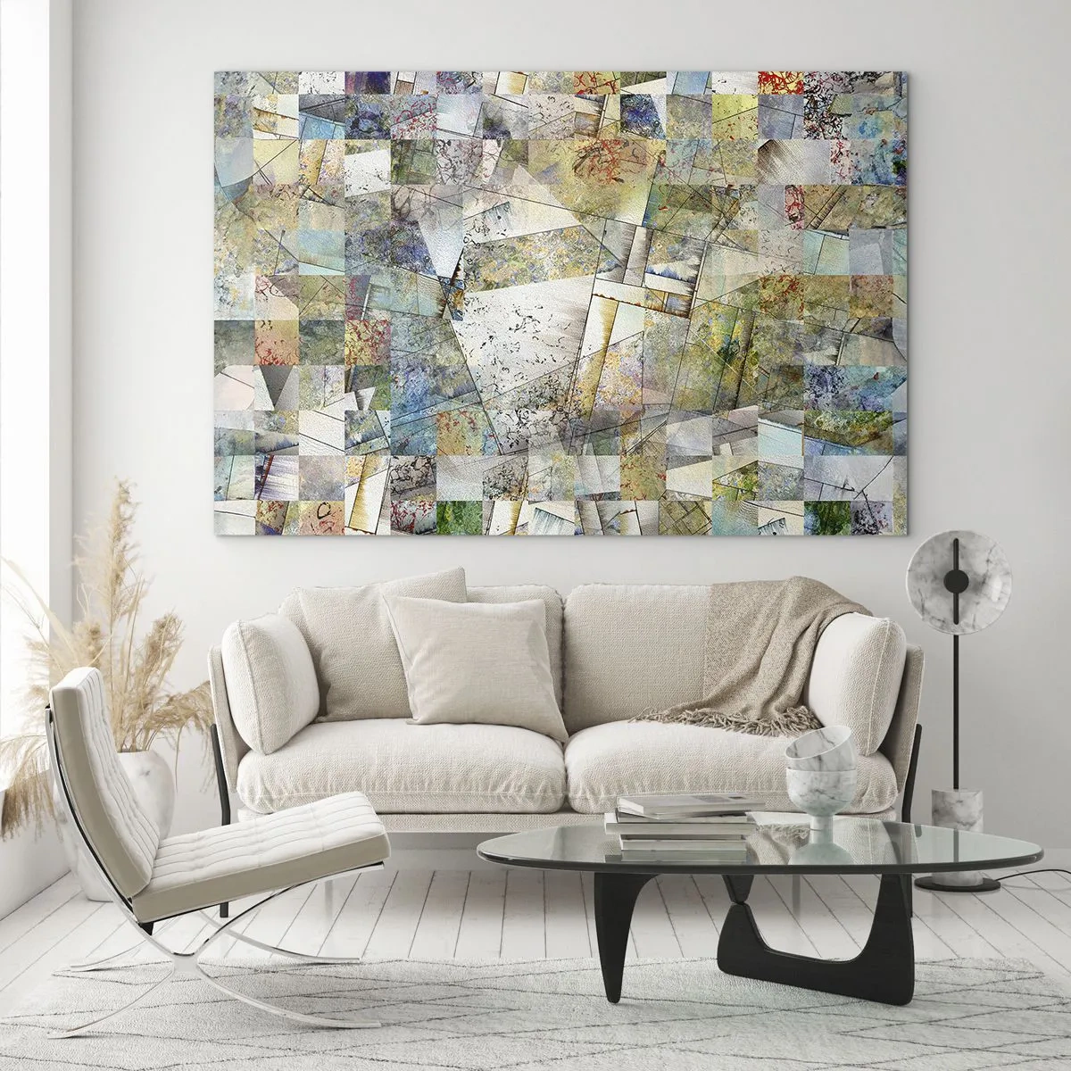 Billede på glas - En farverig komposition af fragmenterede geometriske former - 70x50cm - Geometrisk ommøblering - Moderne vægdekoration til stue og soveværelse ARTTOR